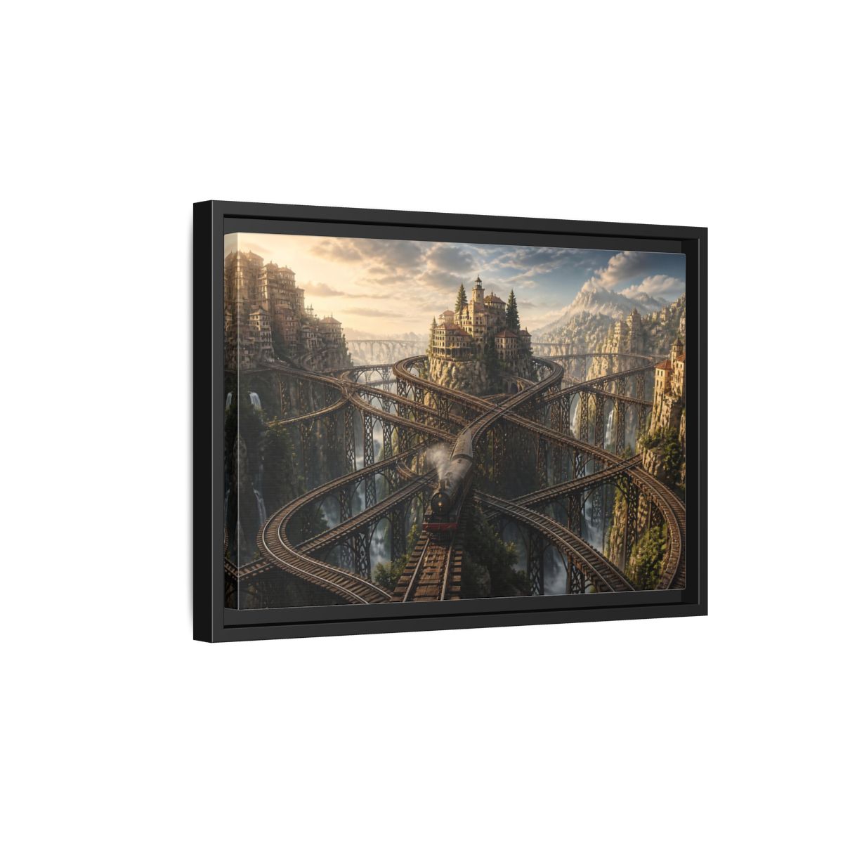 Side Mockup 6. Labyrinth Mountain Railway shown as framed canvas print
