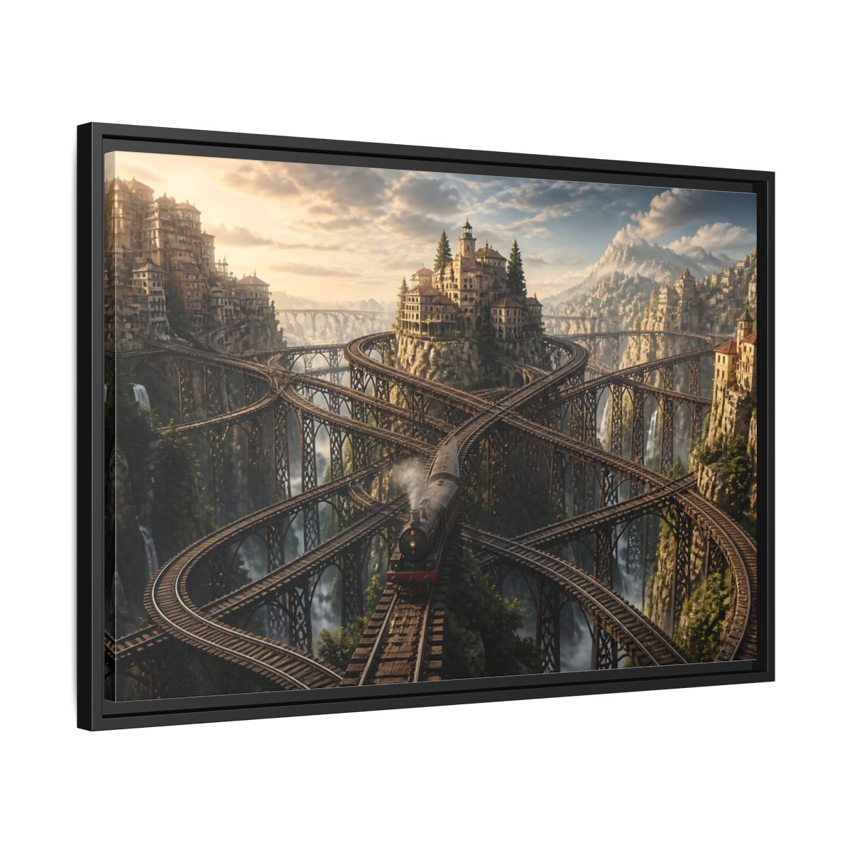 Side Mockup 14. Labyrinth Mountain Railway shown as framed canvas print