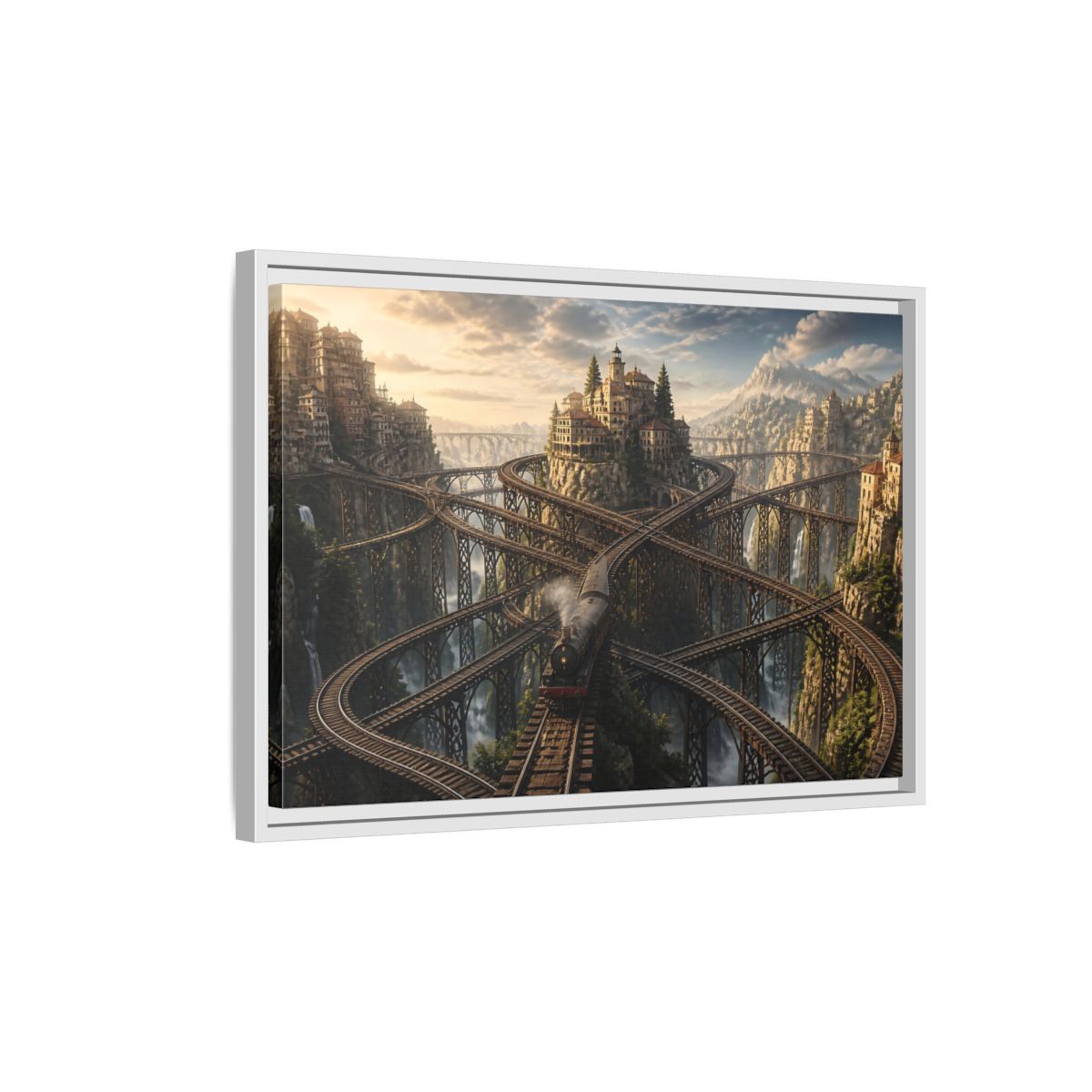Side Mockup 1. Labyrinth Mountain Railway shown as framed canvas print
