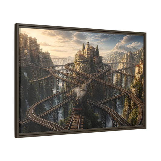 Main Mockup. Labyrinth Mountain Railway shown as framed canvas print