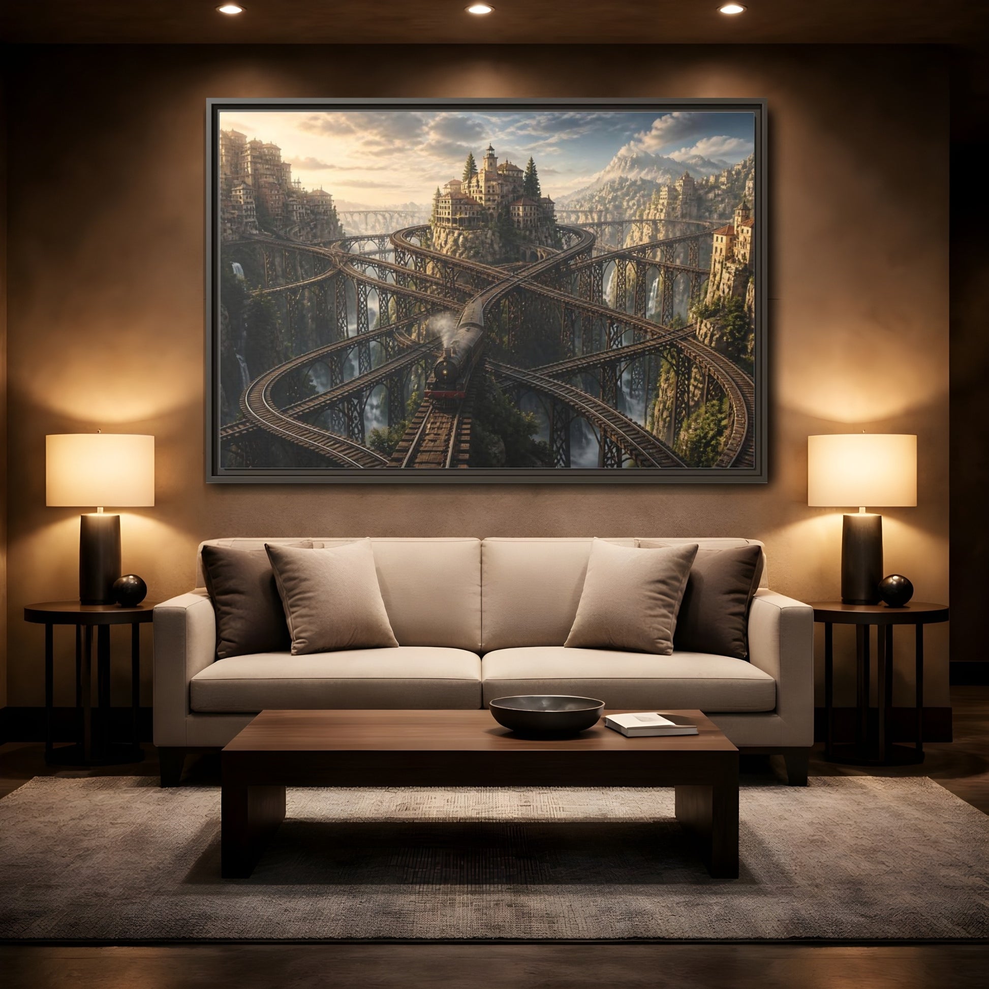 Mockup 2. Labyrinth Mountain Railway shown as framed canvas print