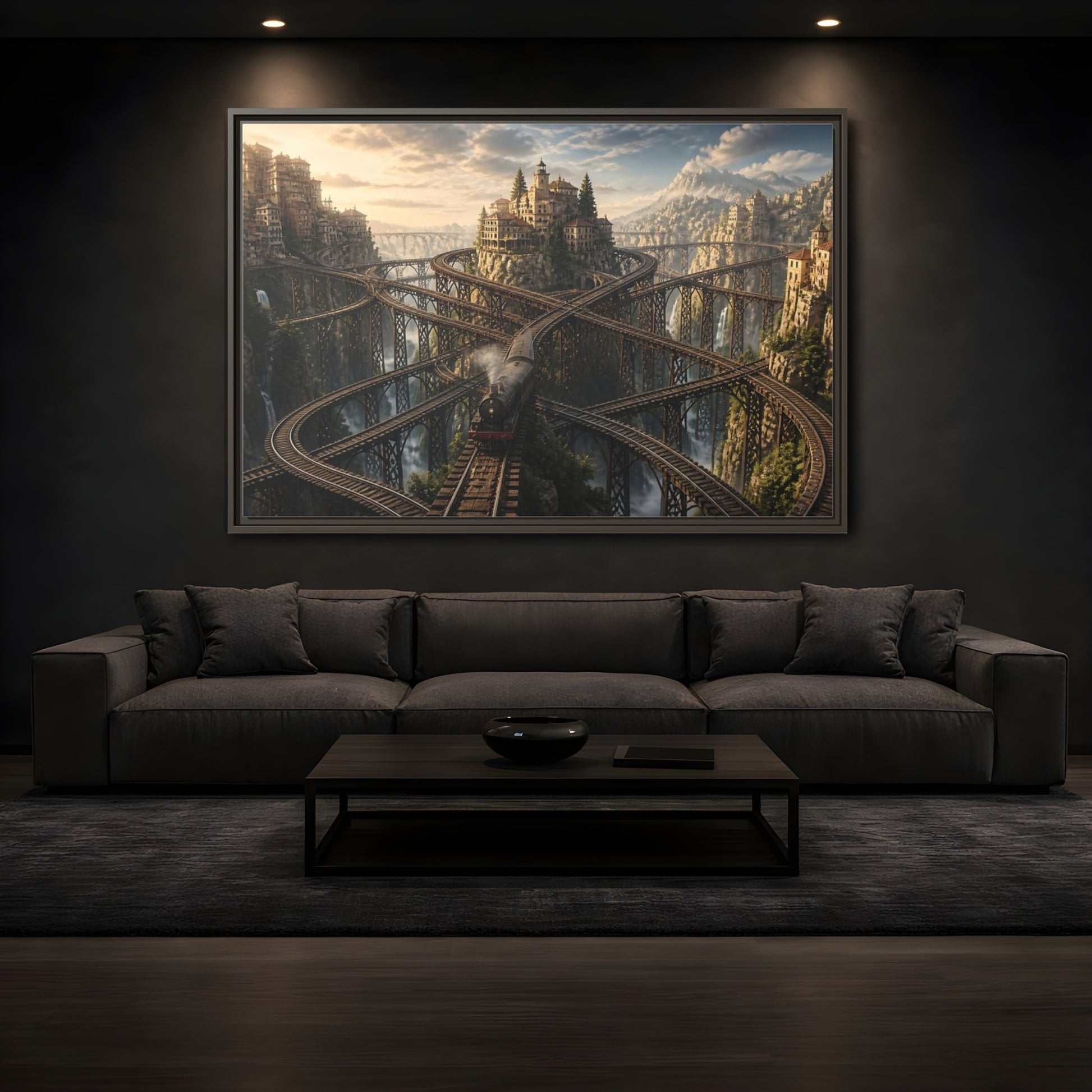 Mockup 3. Labyrinth Mountain Railway shown as framed canvas print