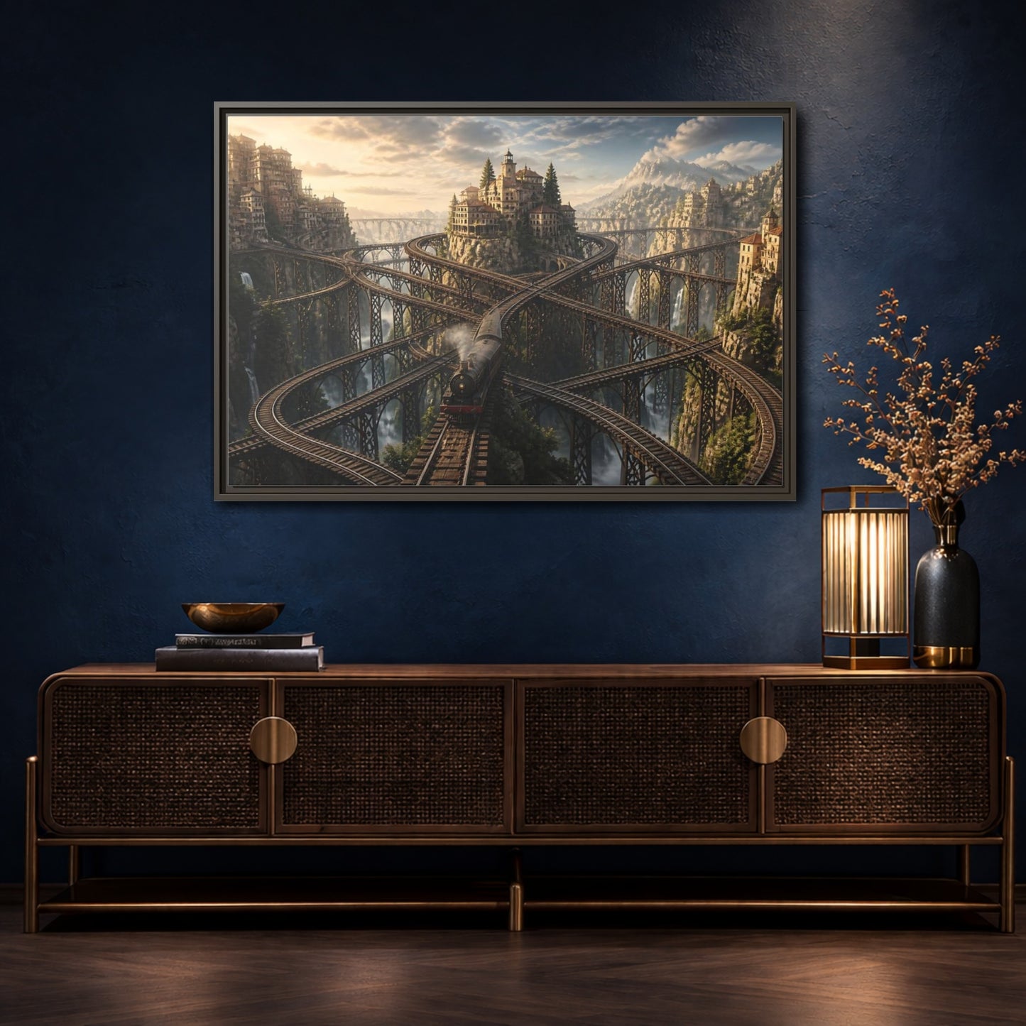 Mockup 4. Labyrinth Mountain Railway shown as framed canvas print