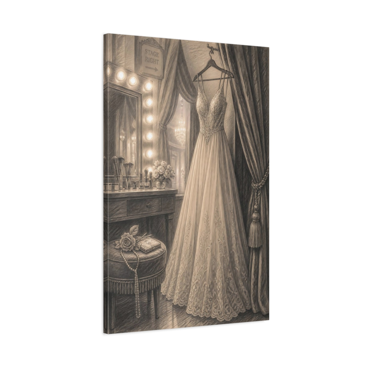Main Mockup. Lace Wedding Gown At Vanity shown as canvas print