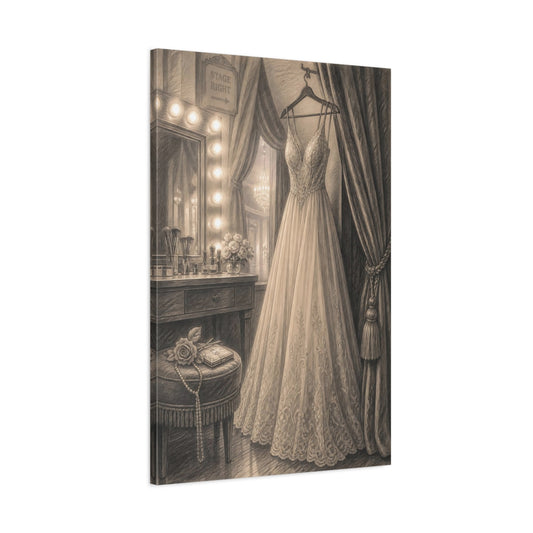 Main Mockup. Lace Wedding Gown At Vanity shown as canvas print