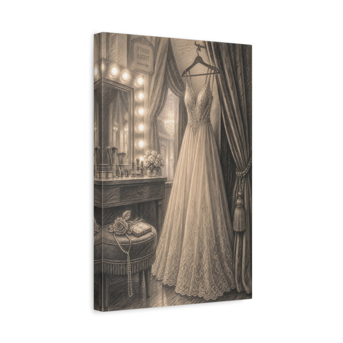 Side Mockup 4. Lace Wedding Gown At Vanity shown as canvas print