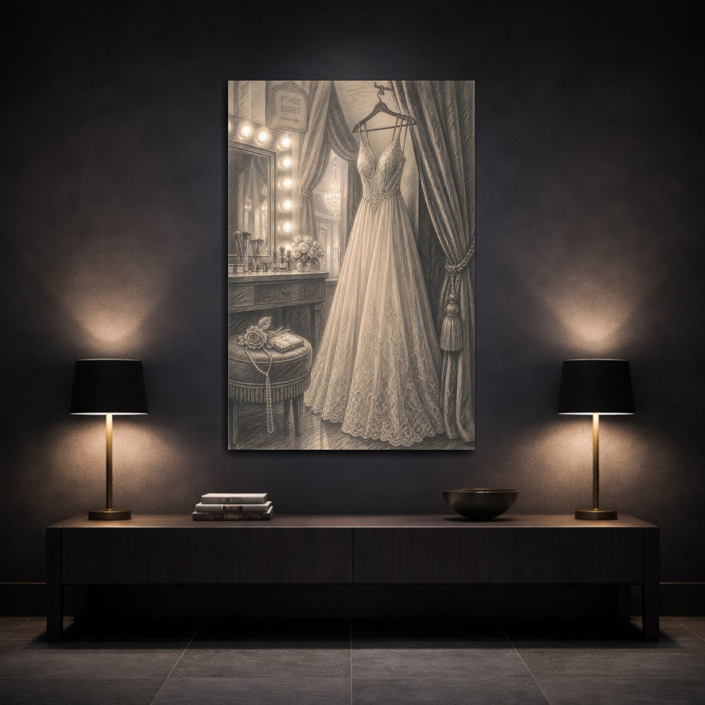 Mockup 3. Lace Wedding Gown At Vanity shown as canvas print