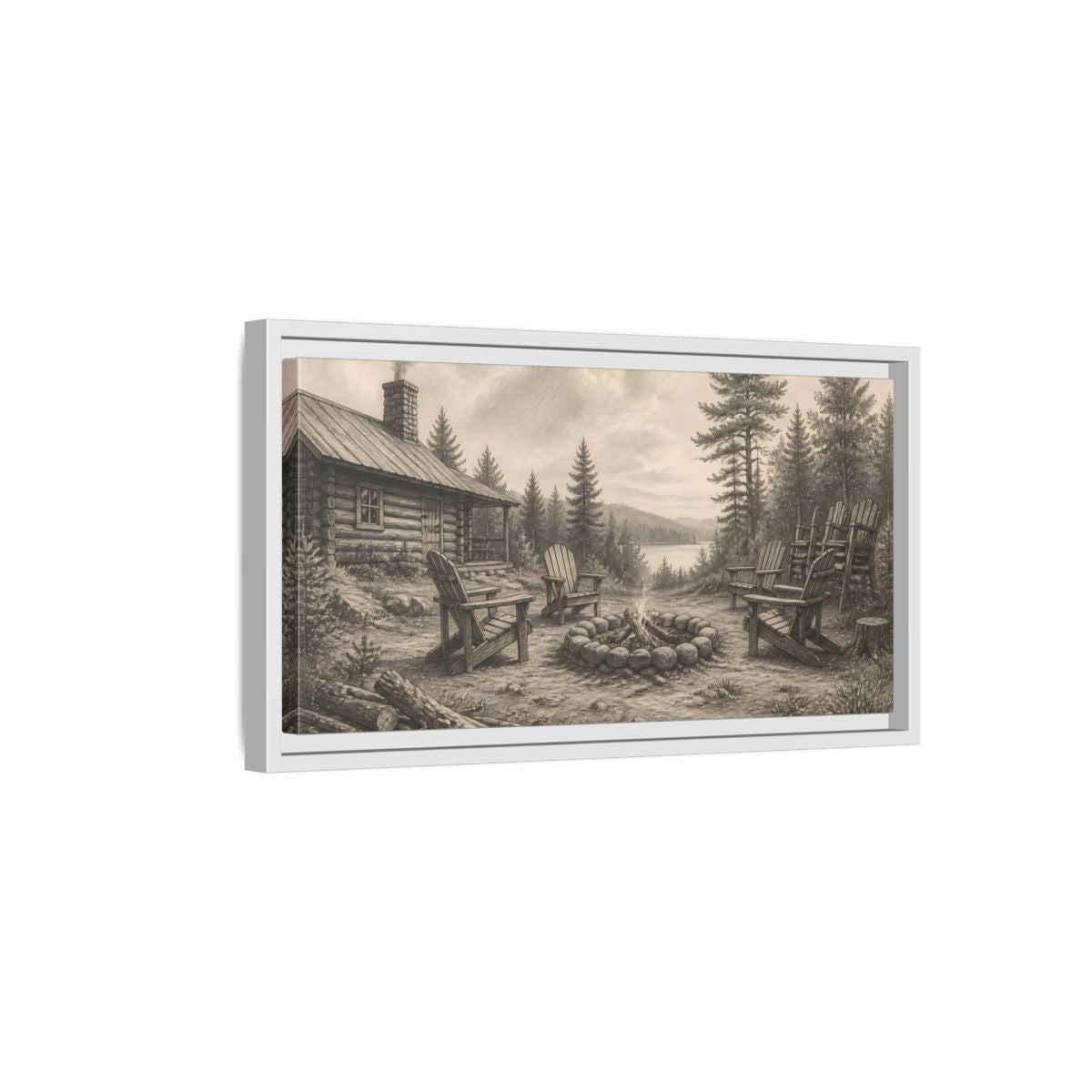 Side Mockup 6. Lakeside Cabin Campfire shown as framed canvas print
