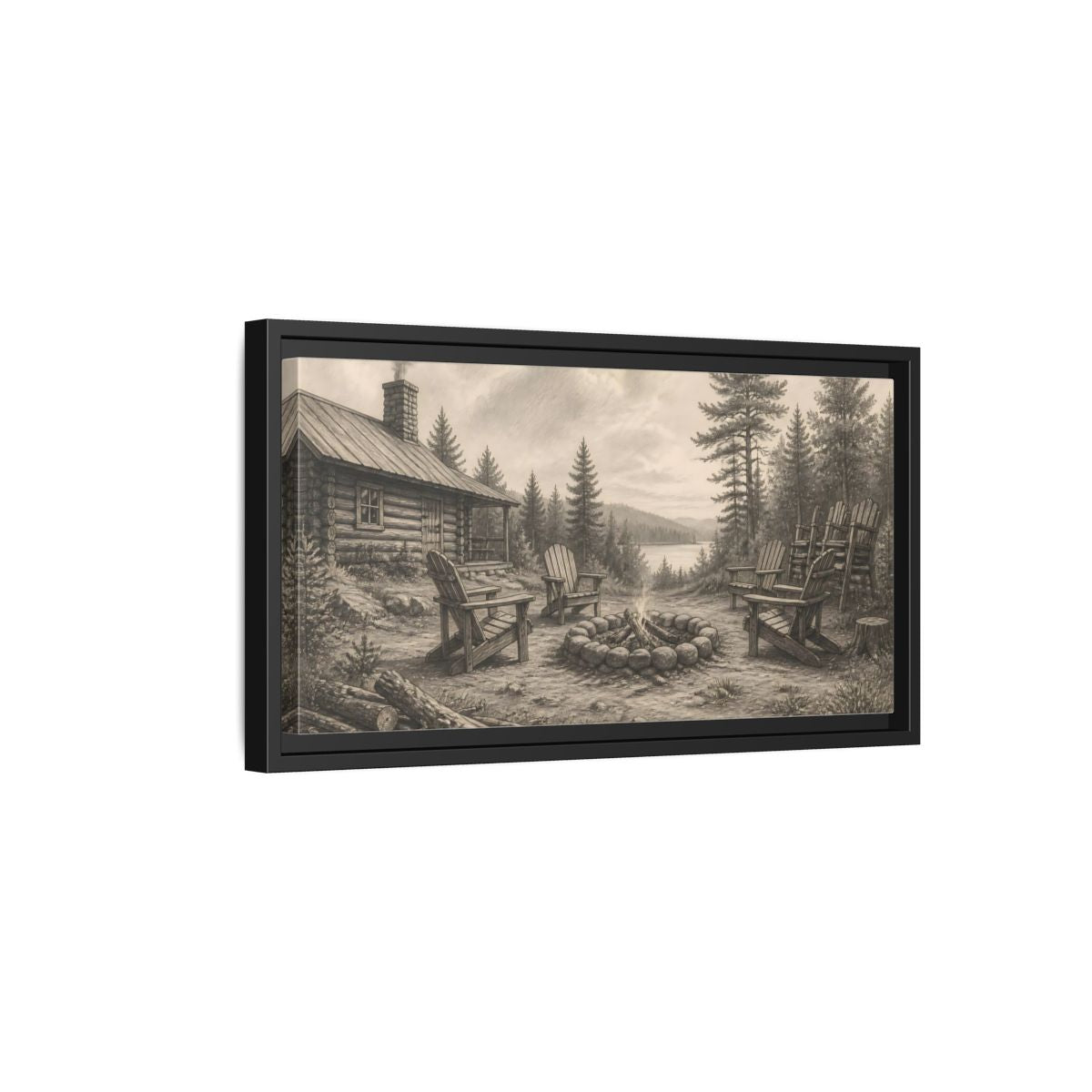Side Mockup 8. Lakeside Cabin Campfire shown as framed canvas print