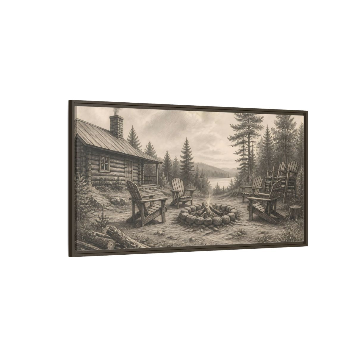 Side Mockup 4. Lakeside Cabin Campfire shown as framed canvas print