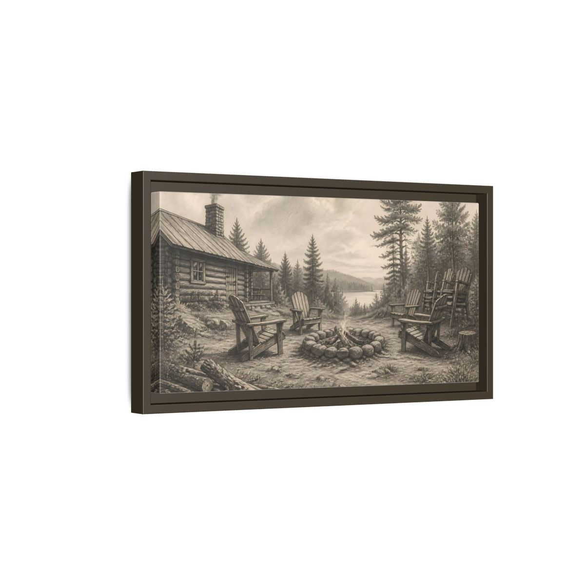 Side Mockup 7. Lakeside Cabin Campfire shown as framed canvas print