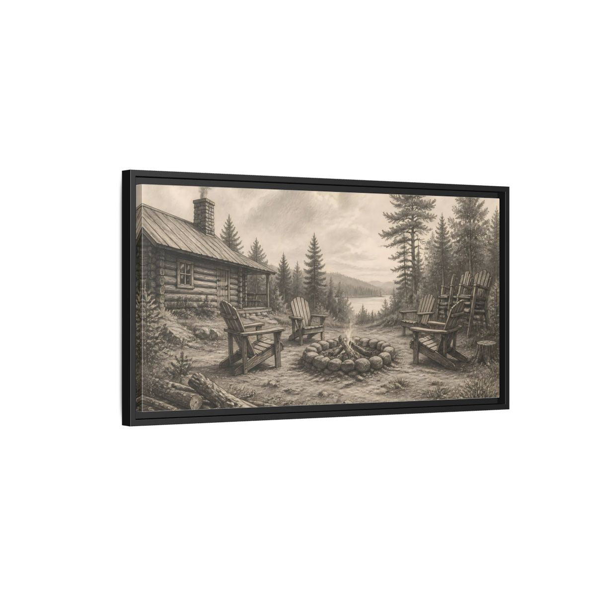 Side Mockup 2. Lakeside Cabin Campfire shown as framed canvas print