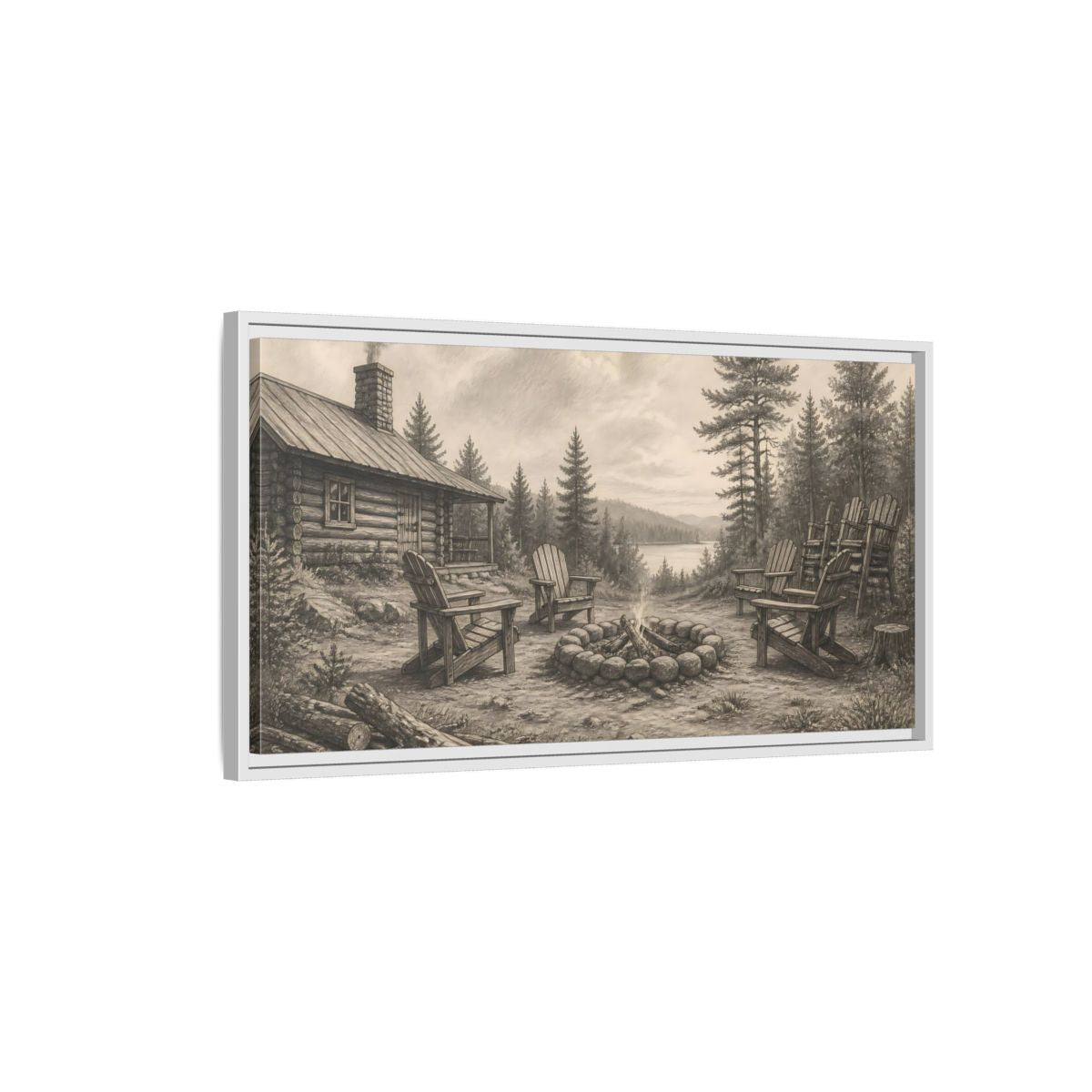 Side Mockup 1. Lakeside Cabin Campfire shown as framed canvas print