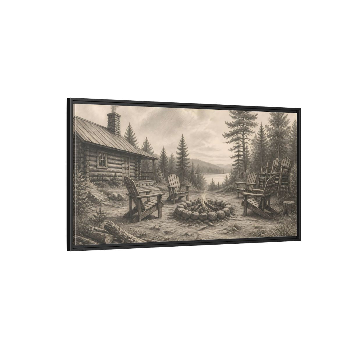 Side Mockup 5. Lakeside Cabin Campfire shown as framed canvas print
