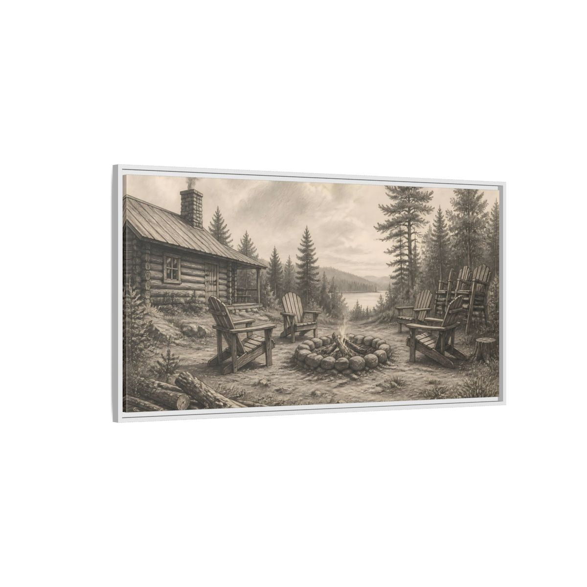 Side Mockup 3. Lakeside Cabin Campfire shown as framed canvas print