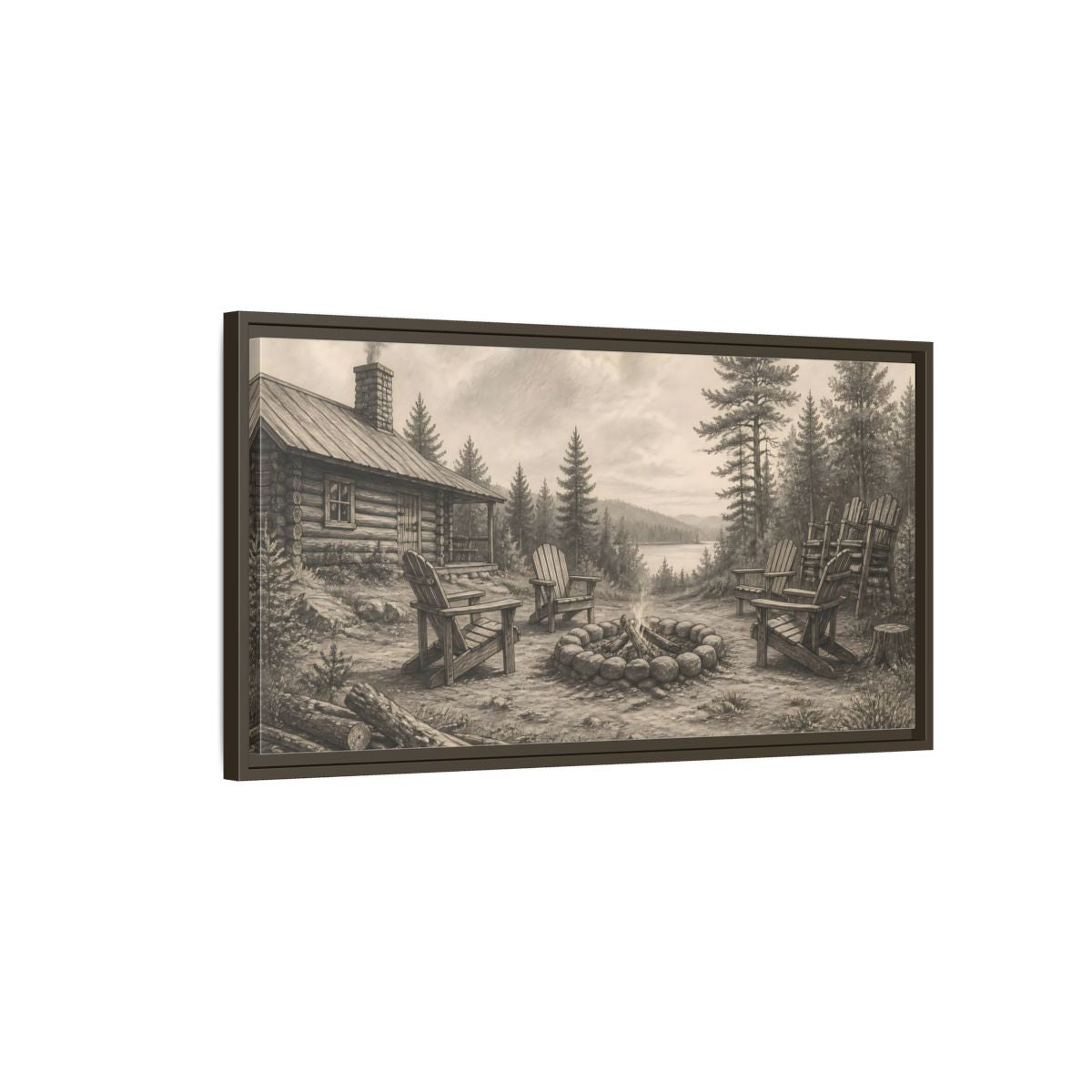 Main Mockup. Lakeside Cabin Campfire shown as framed canvas print