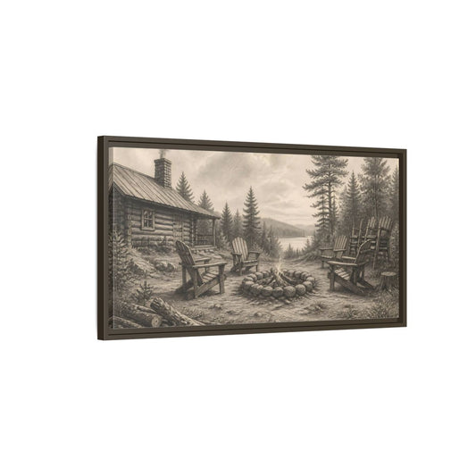 Main Mockup. Lakeside Cabin Campfire shown as framed canvas print