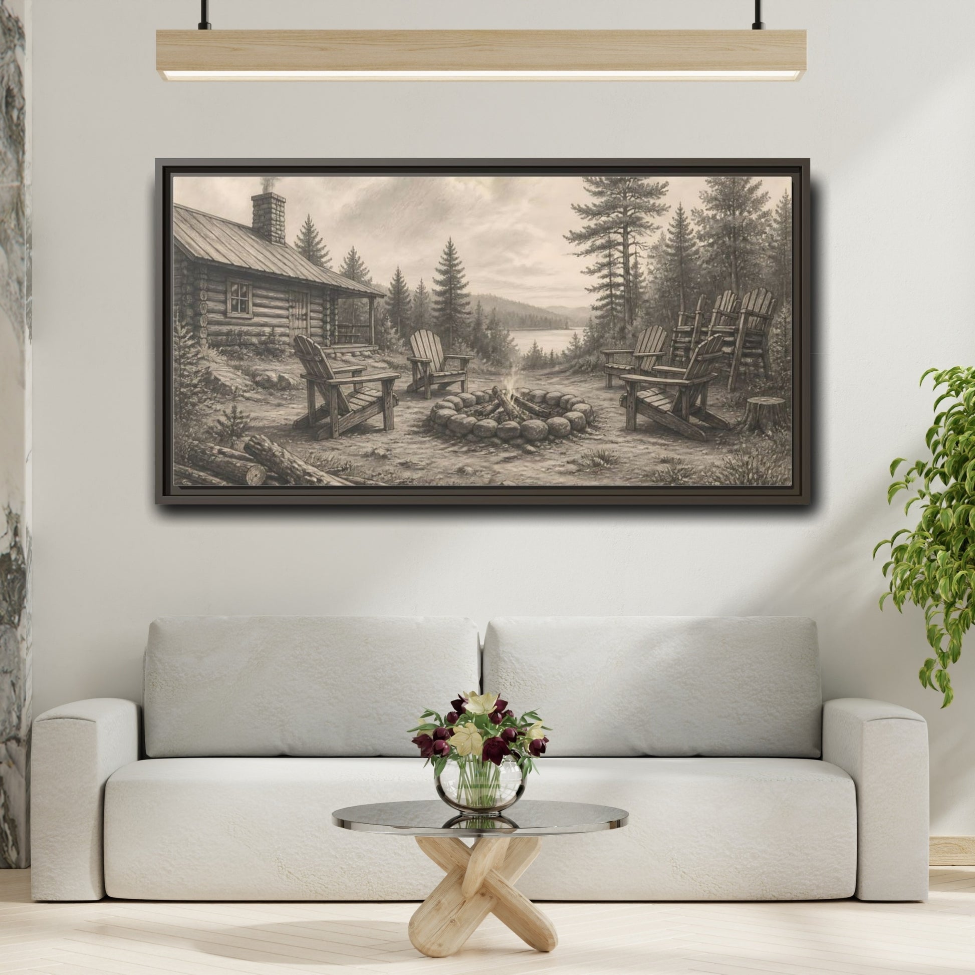 Mockup 2. Lakeside Cabin Campfire shown as framed canvas print