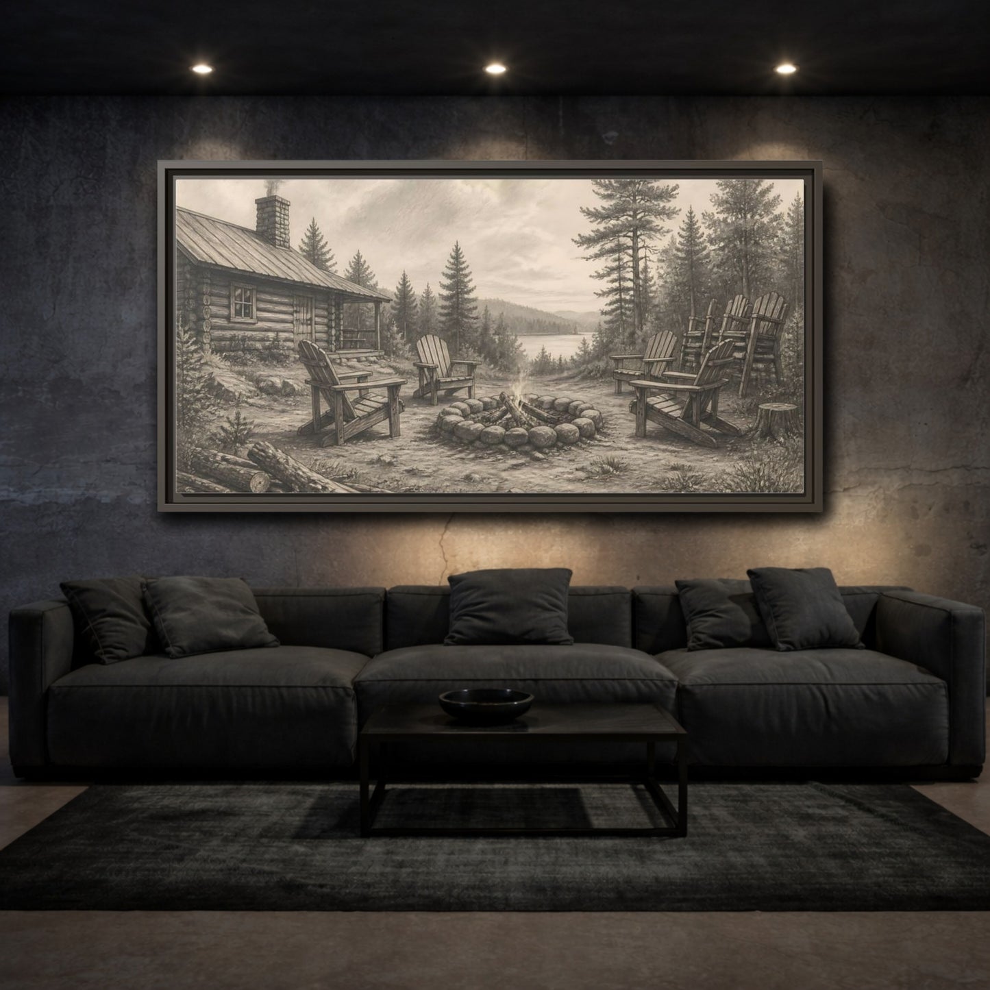 Mockup 3. Lakeside Cabin Campfire shown as framed canvas print