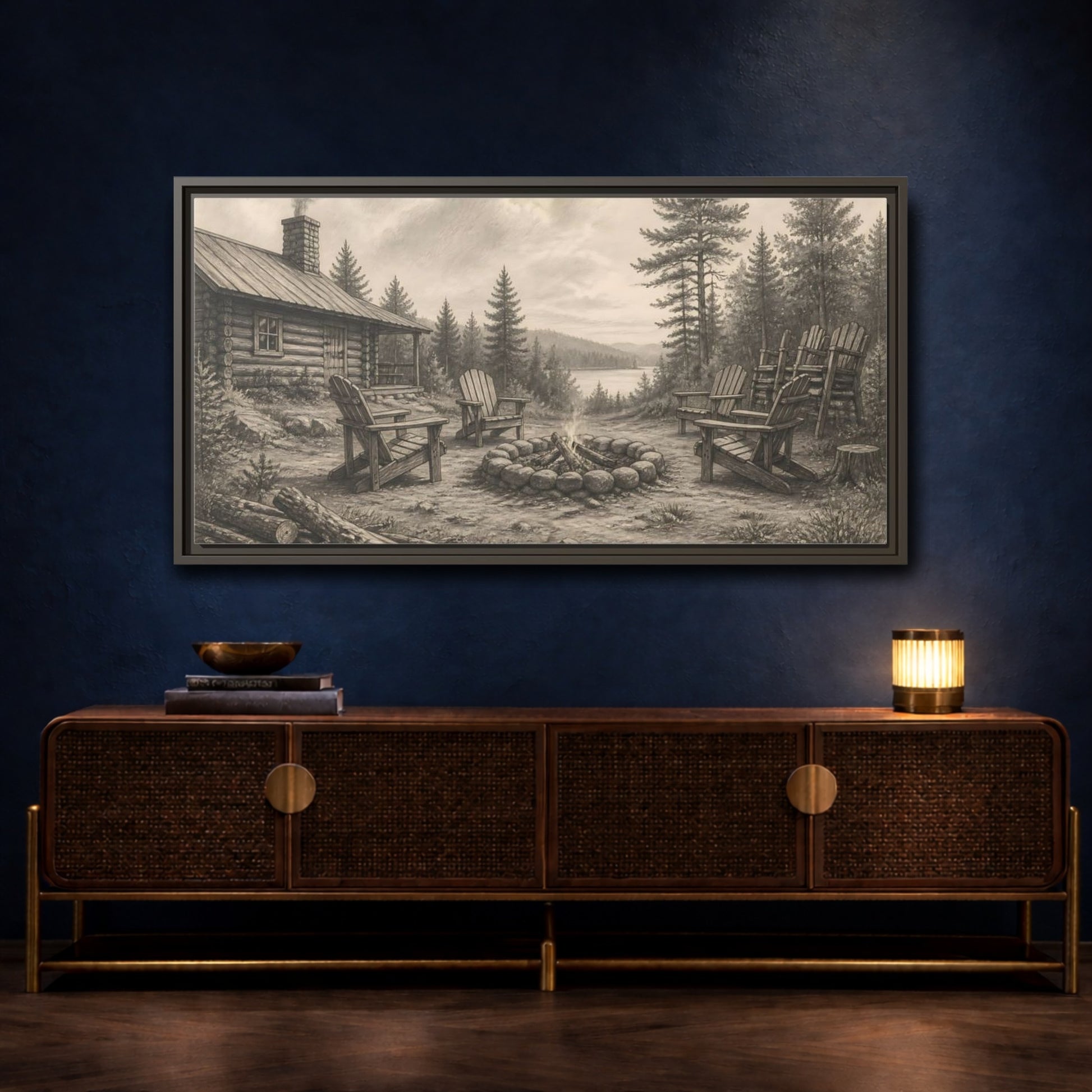 Mockup 4. Lakeside Cabin Campfire shown as framed canvas print