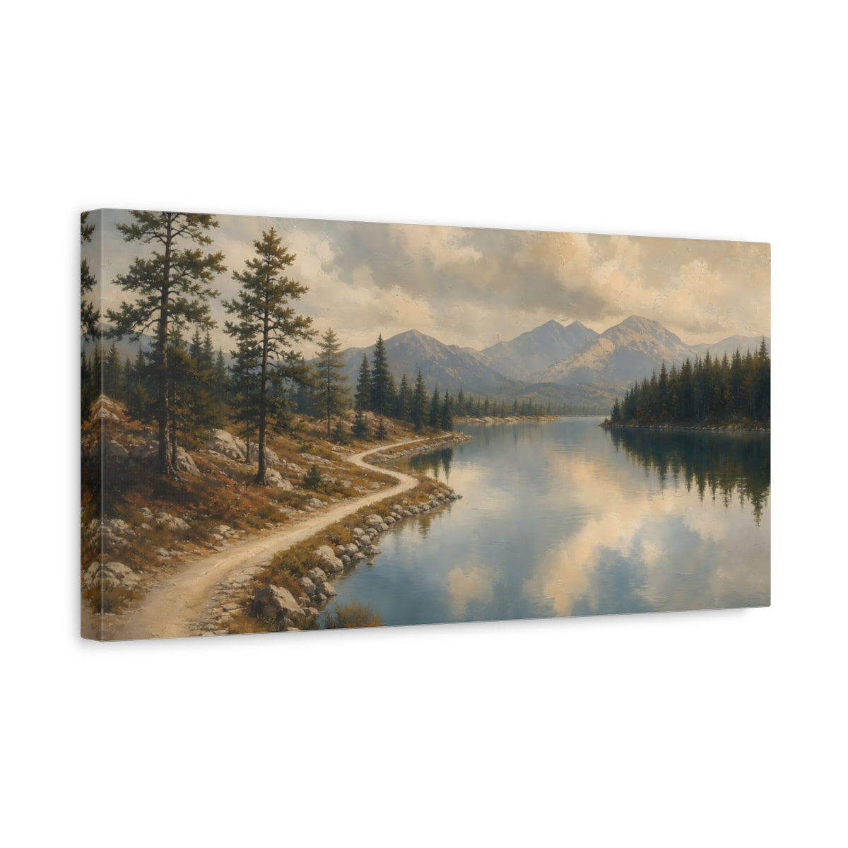 Side Mockup 3. Lakeside Mountain Path shown as canvas print