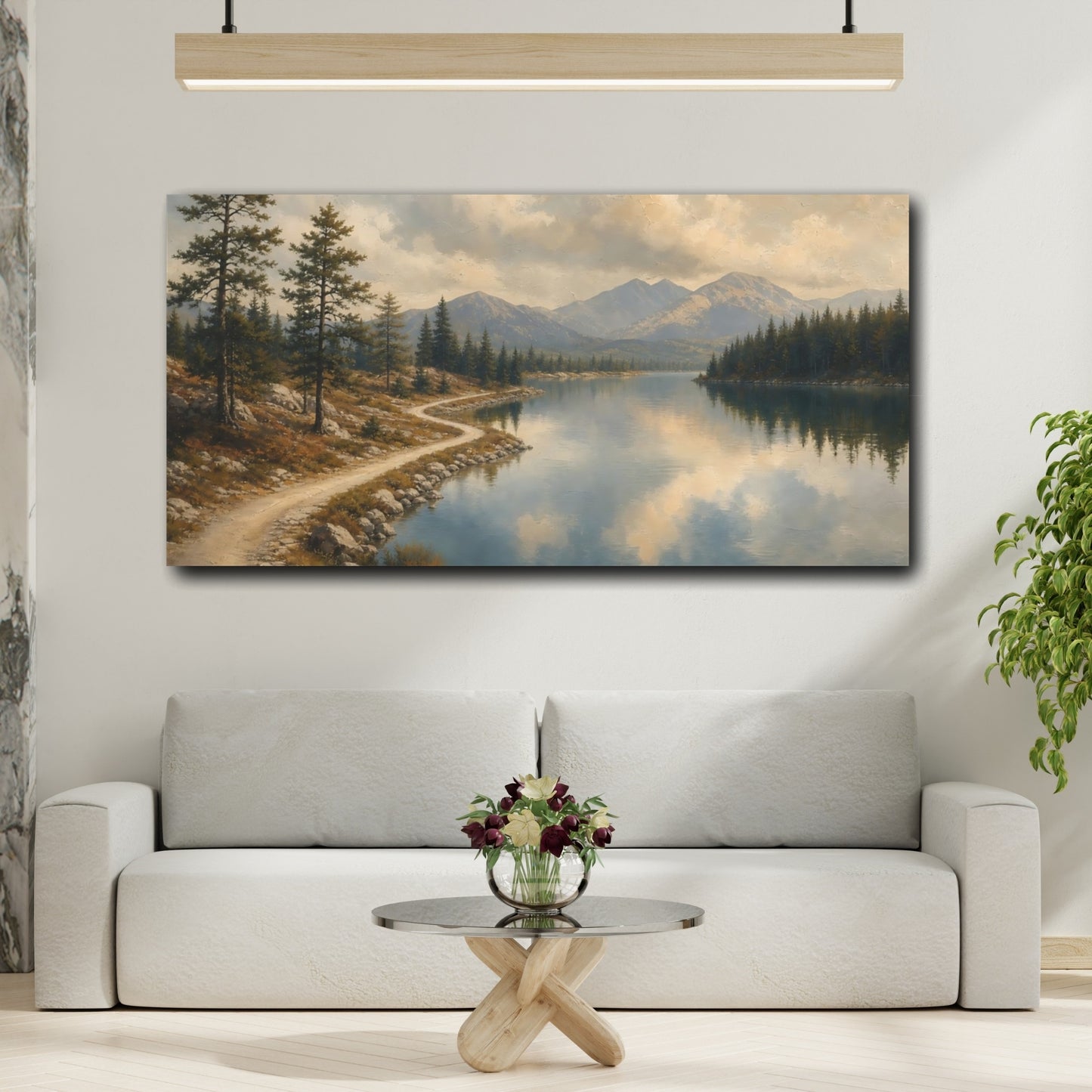 Mockup 2. Lakeside Mountain Path shown as canvas print