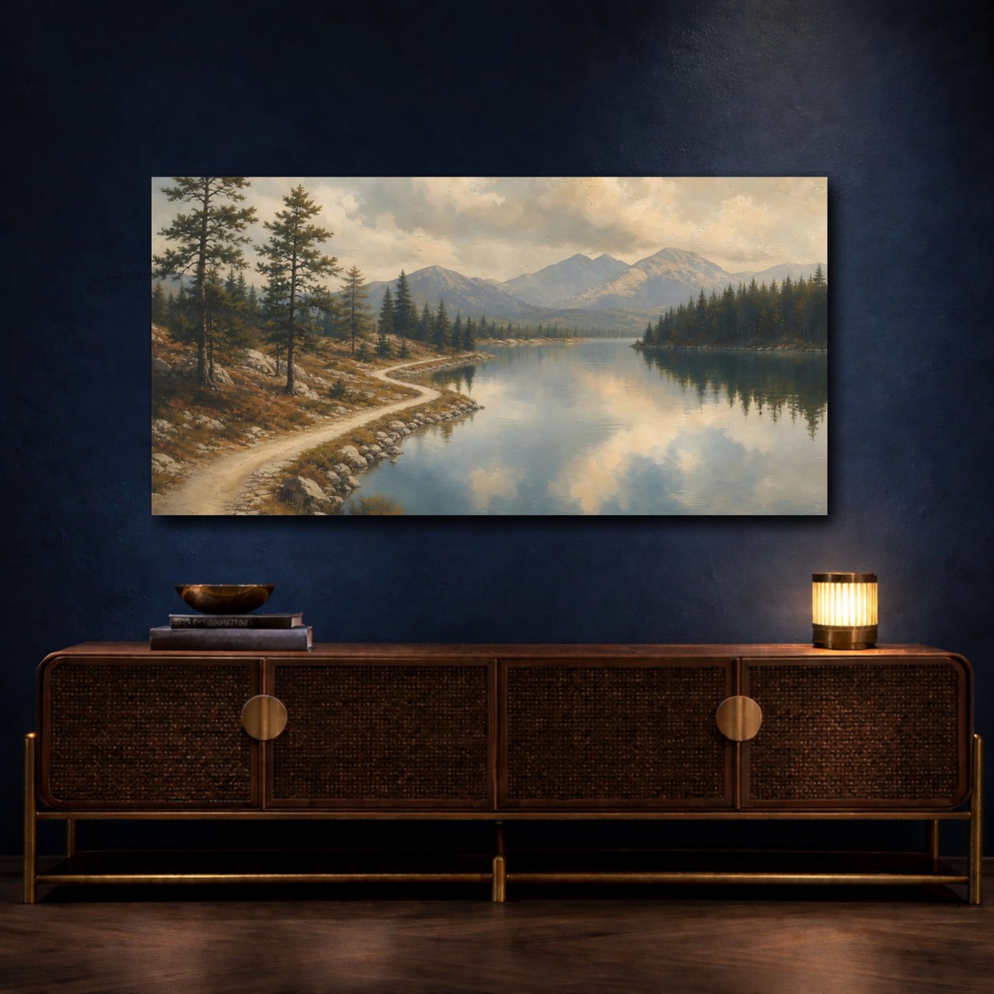 Mockup 4. Lakeside Mountain Path shown as canvas print