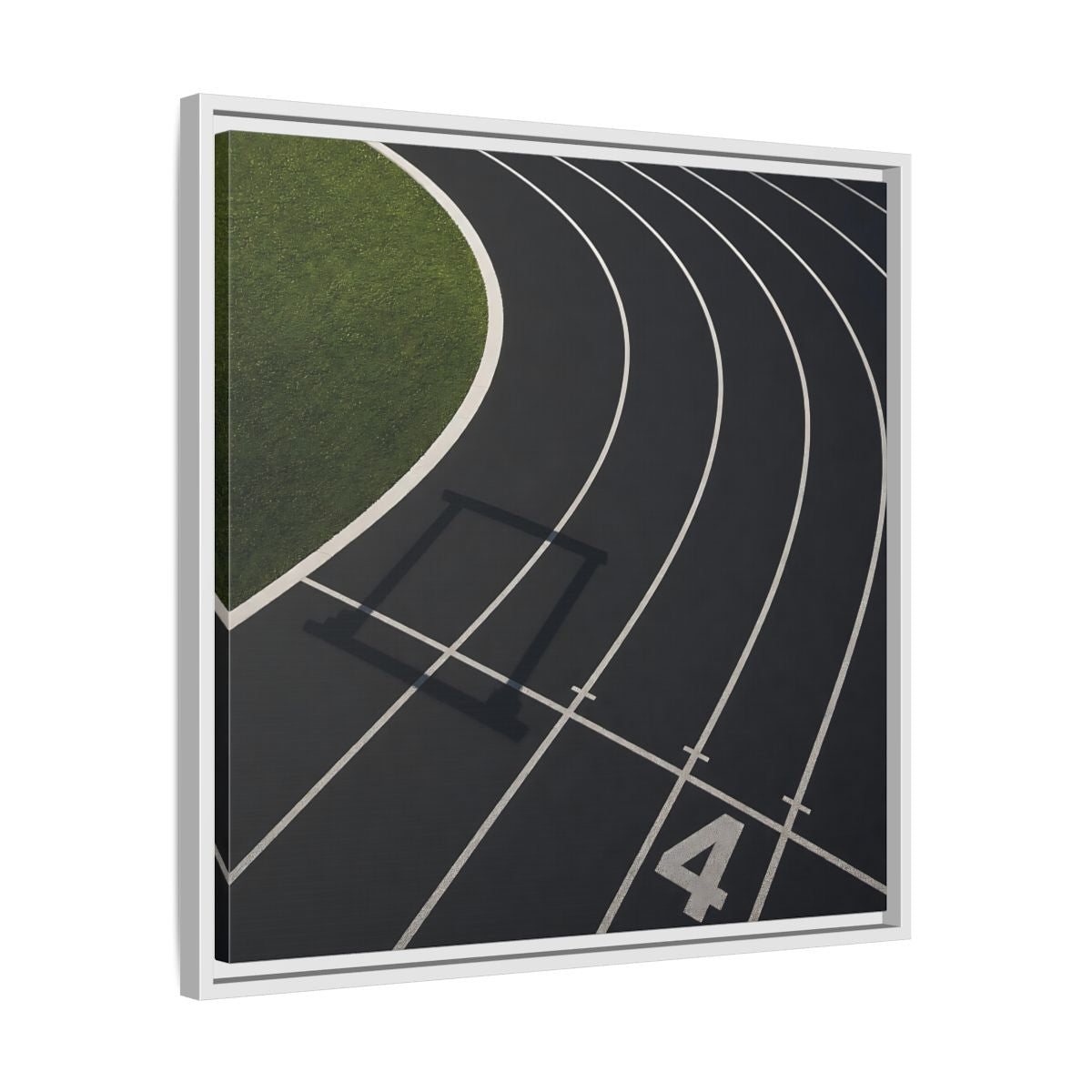 Side Mockup 26. Lane Four Track Curve shown as framed canvas print