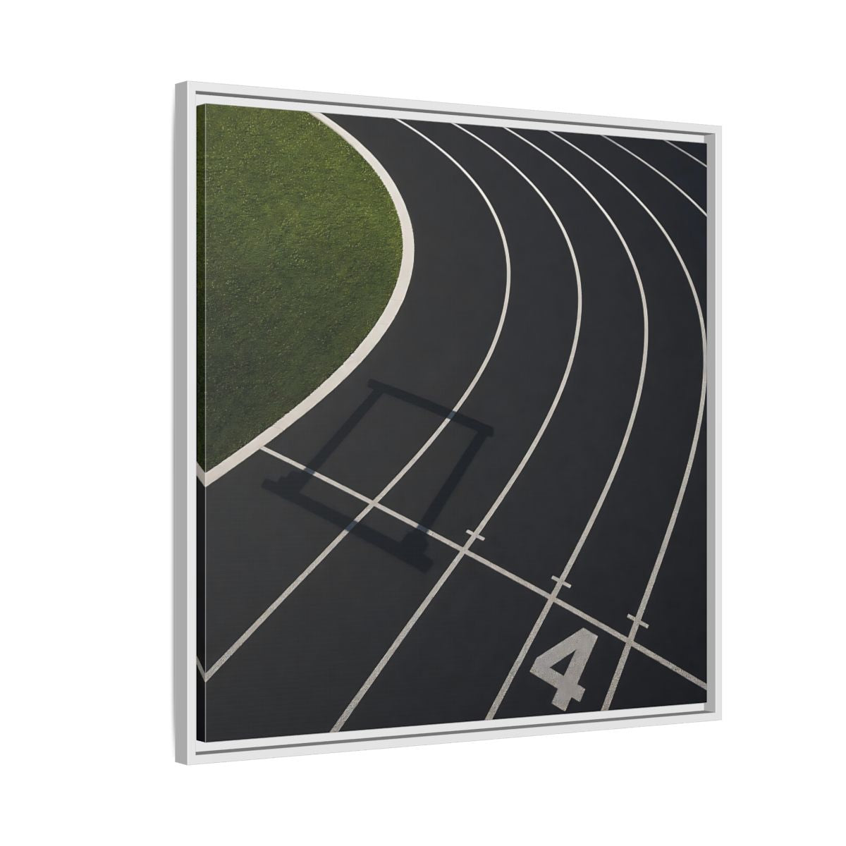 Side Mockup 7. Lane Four Track Curve shown as framed canvas print