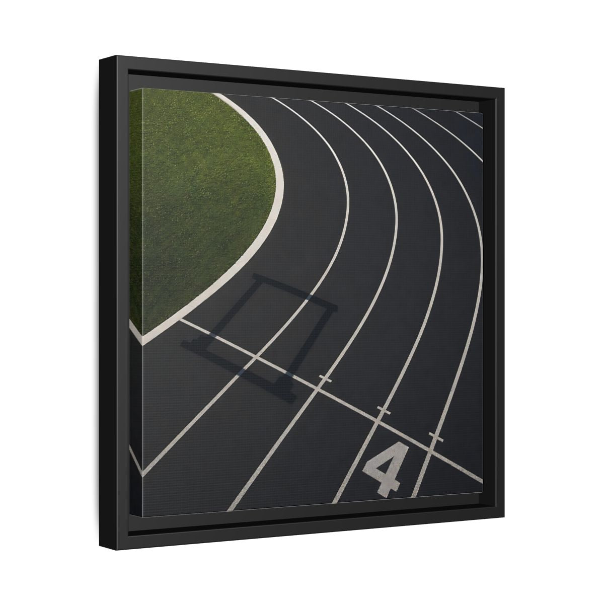Side Mockup 32. Lane Four Track Curve shown as framed canvas print