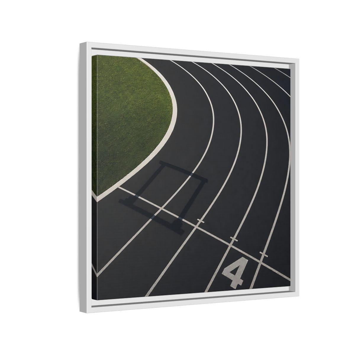 Side Mockup 10. Lane Four Track Curve shown as framed canvas print