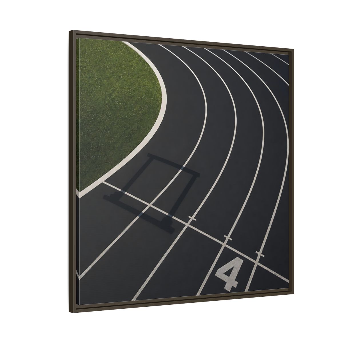 Side Mockup 5. Lane Four Track Curve shown as framed canvas print