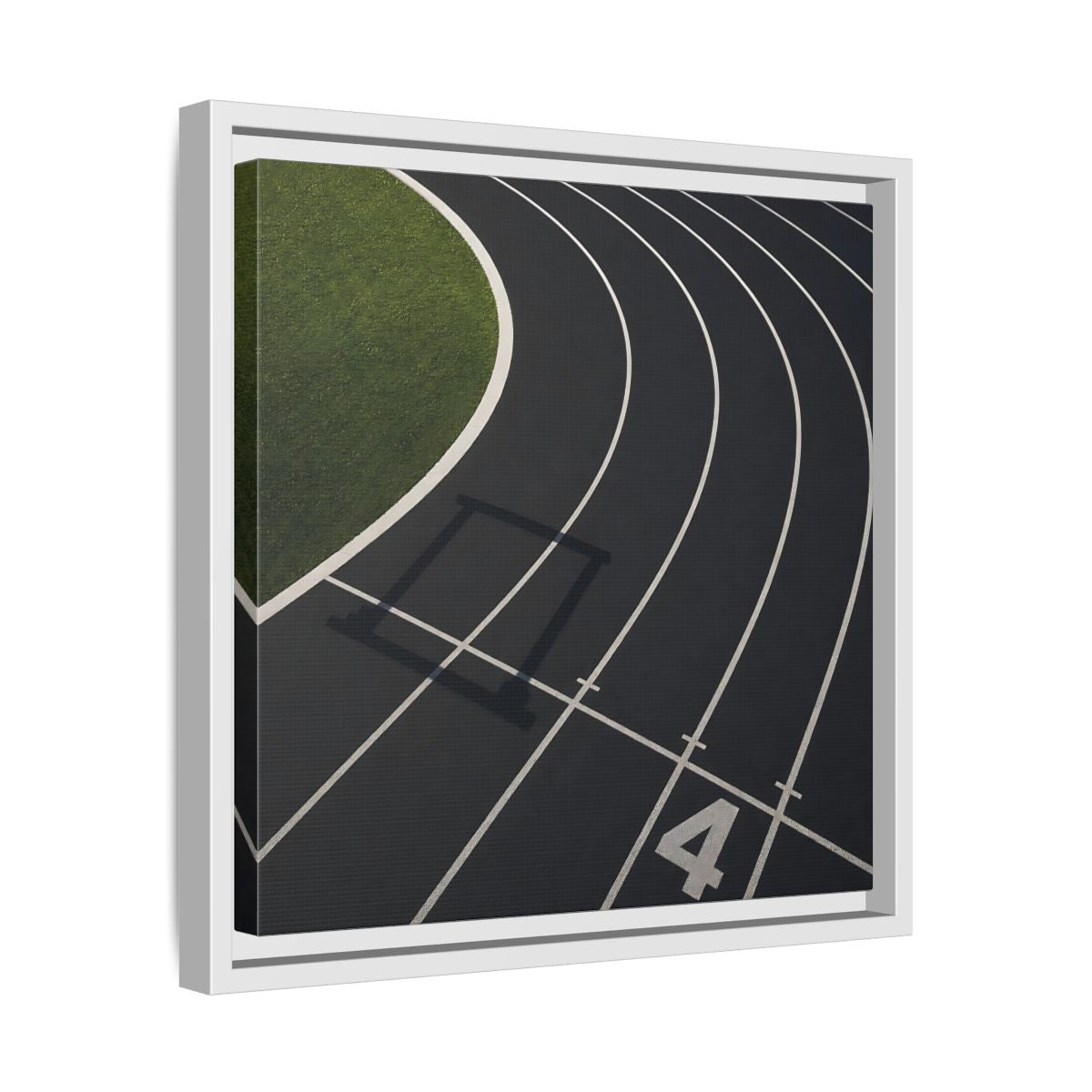 Side Mockup 28. Lane Four Track Curve shown as framed canvas print