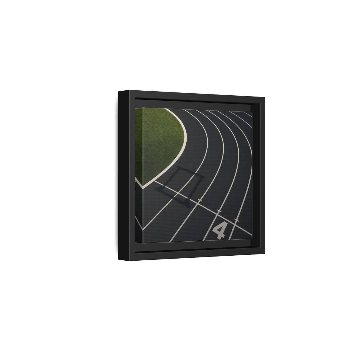 Side Mockup 3. Lane Four Track Curve shown as framed canvas print