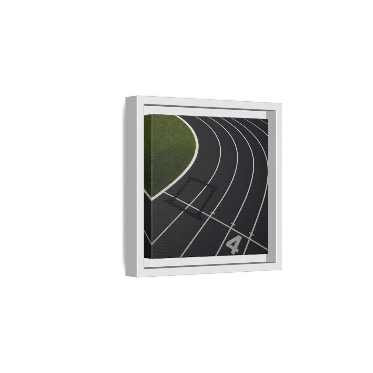 Side Mockup 1. Lane Four Track Curve shown as framed canvas print