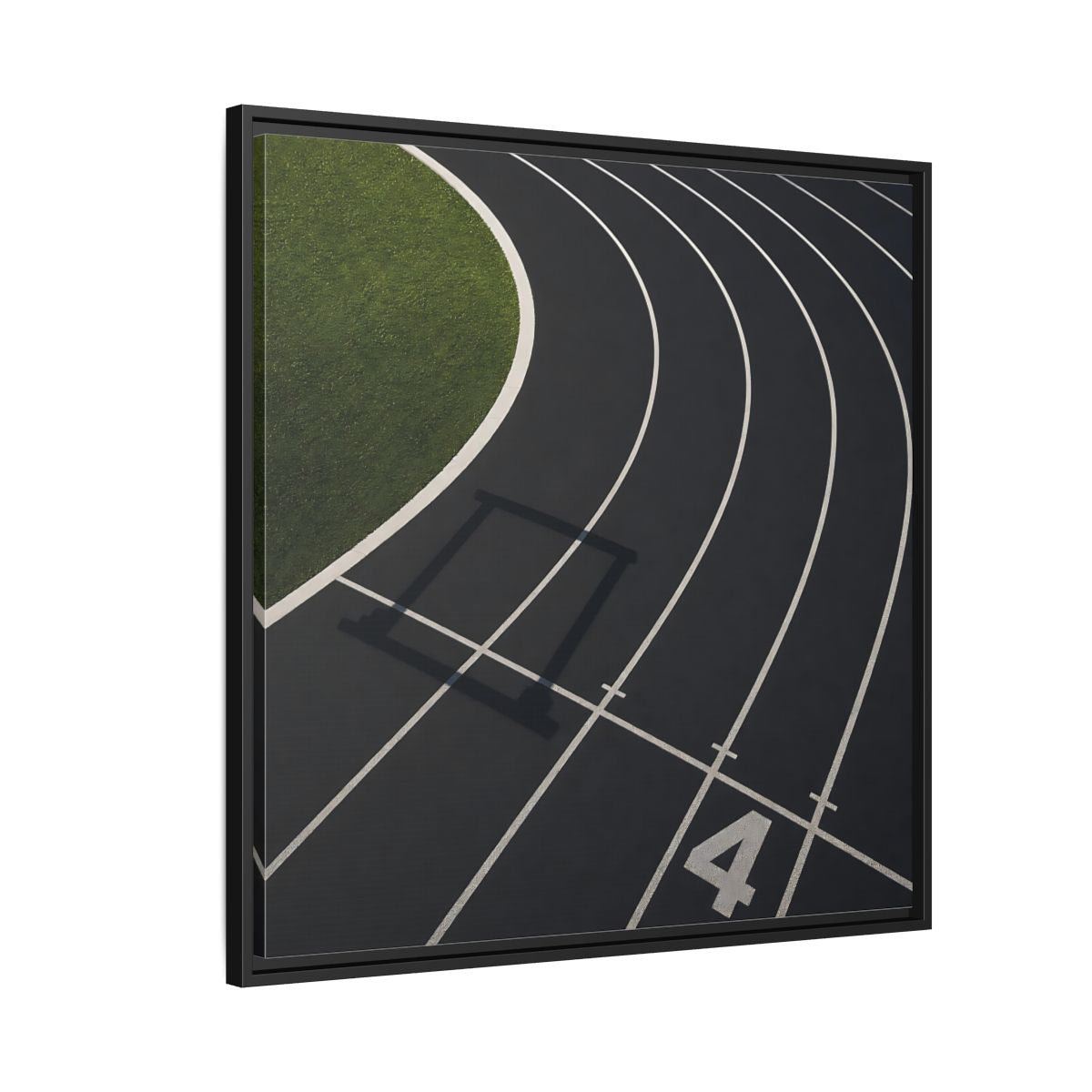 Side Mockup 9. Lane Four Track Curve shown as framed canvas print