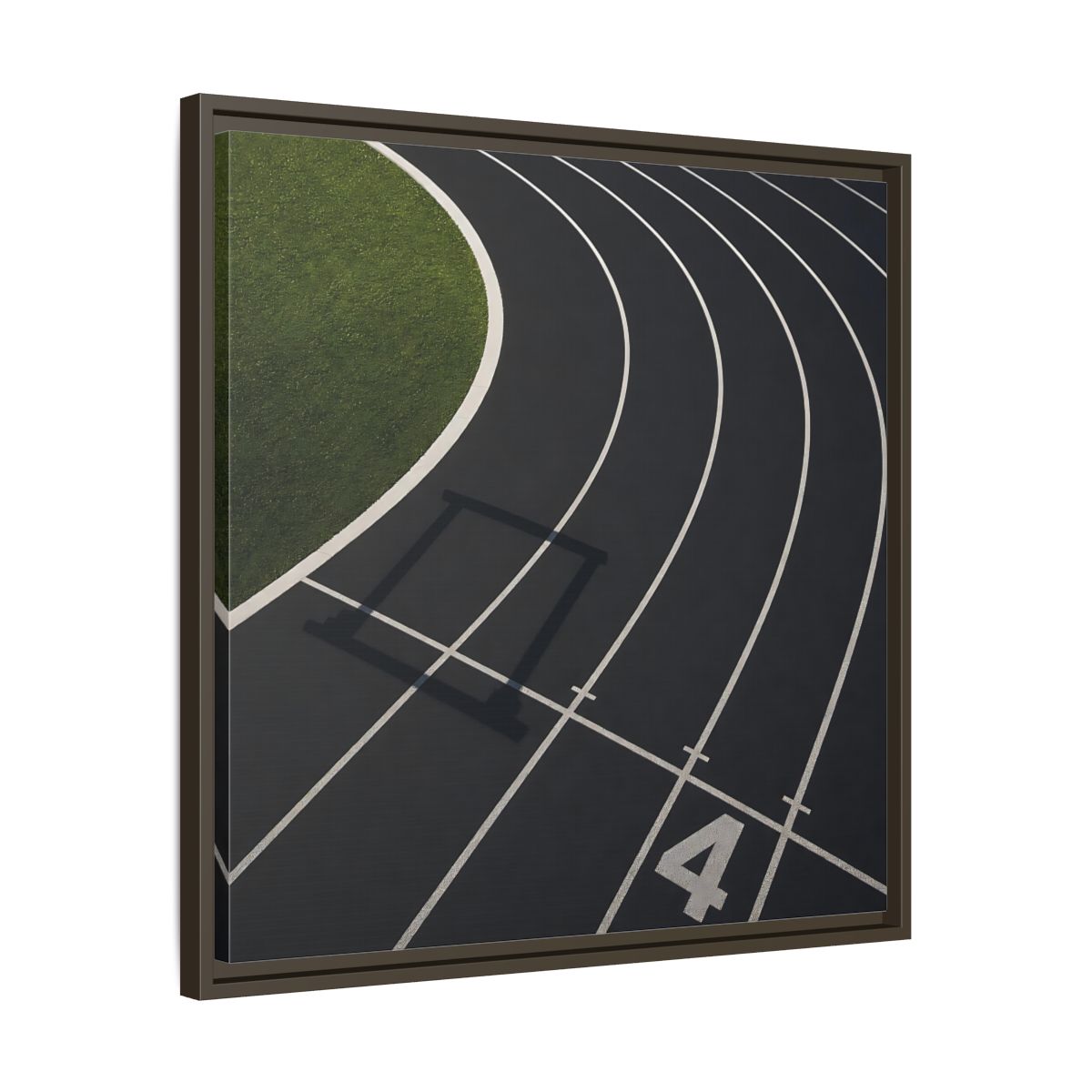 Side Mockup 27. Lane Four Track Curve shown as framed canvas print
