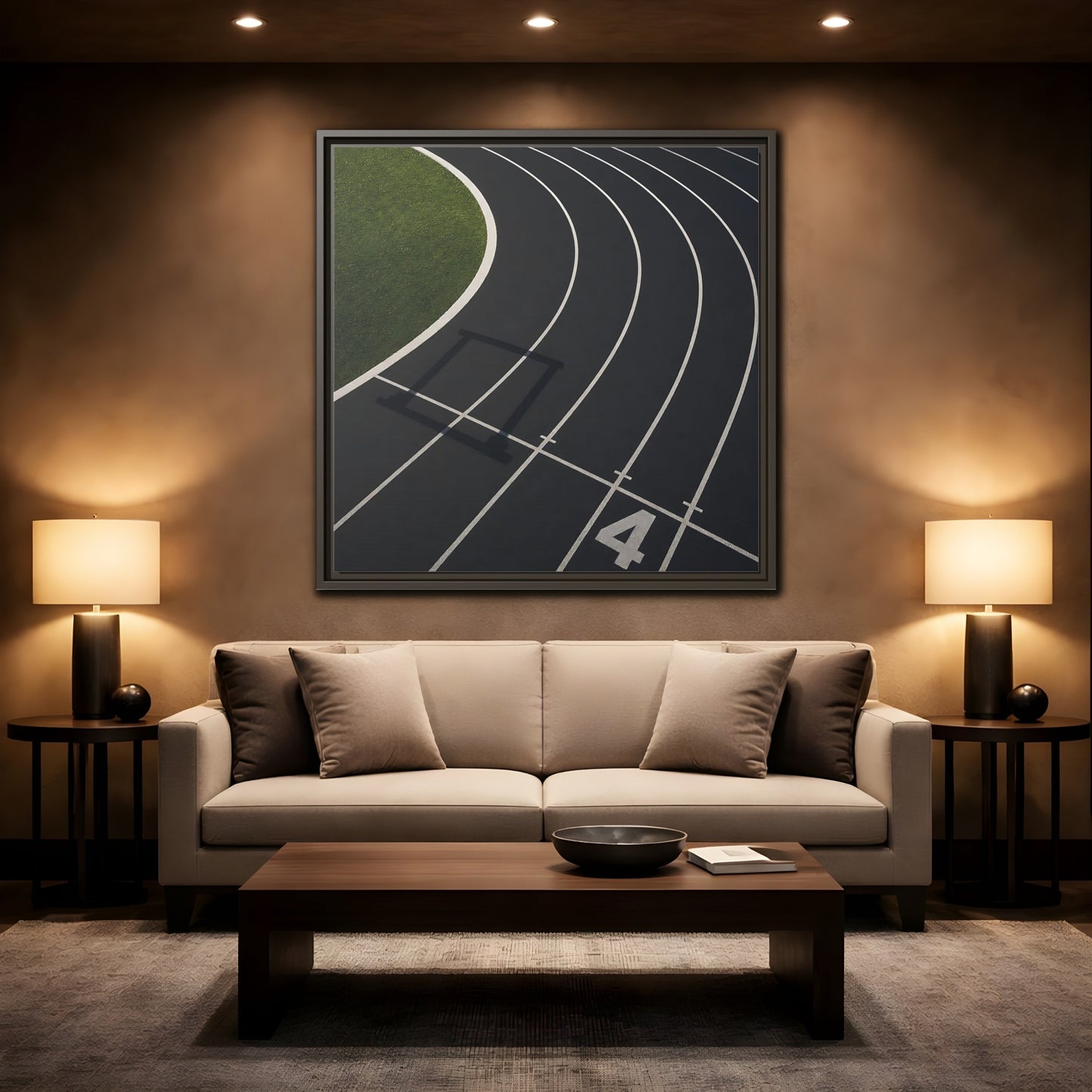 Mockup 2. Lane Four Track Curve shown as framed canvas print