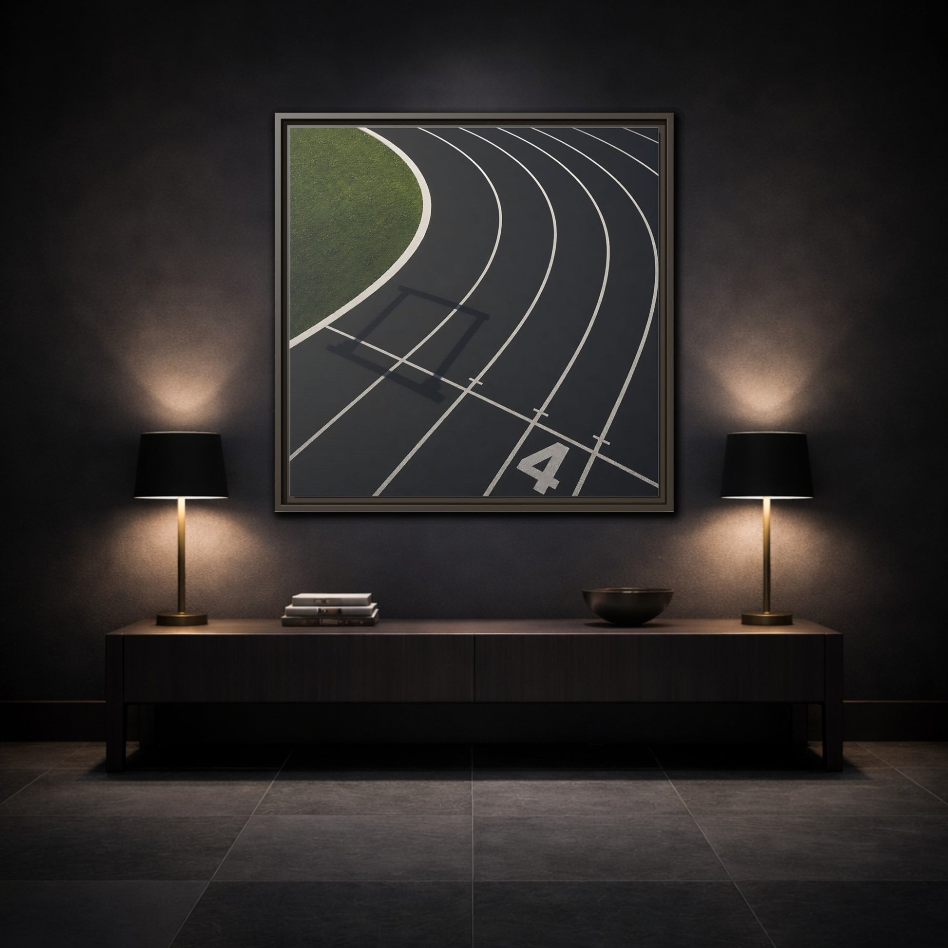 Mockup 3. Lane Four Track Curve shown as framed canvas print