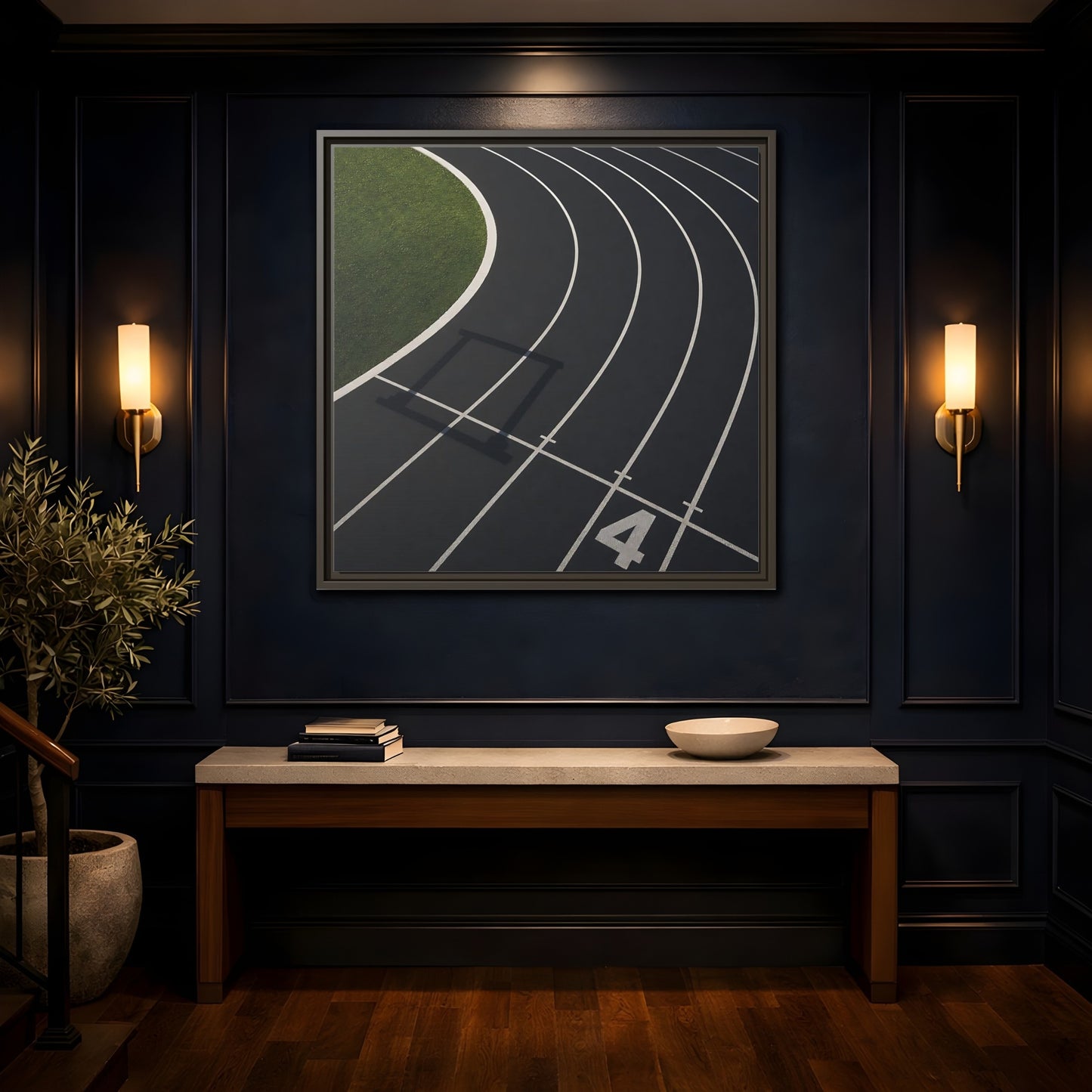 Mockup 4. Lane Four Track Curve shown as framed canvas print