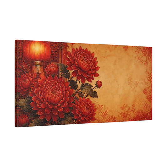 Main Mockup. Lantern & Red Chrysanthemums shown as canvas print