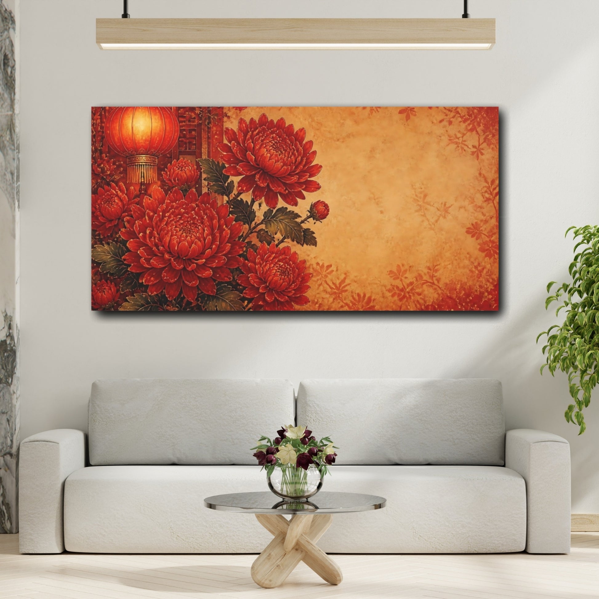 Mockup 2. Lantern & Red Chrysanthemums shown as canvas print
