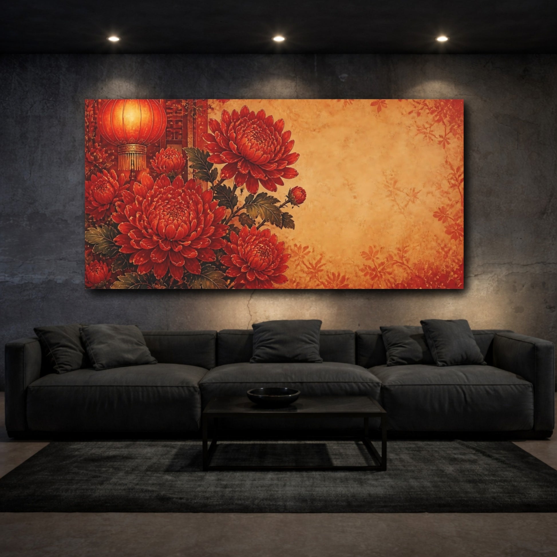 Mockup 3. Lantern & Red Chrysanthemums shown as canvas print