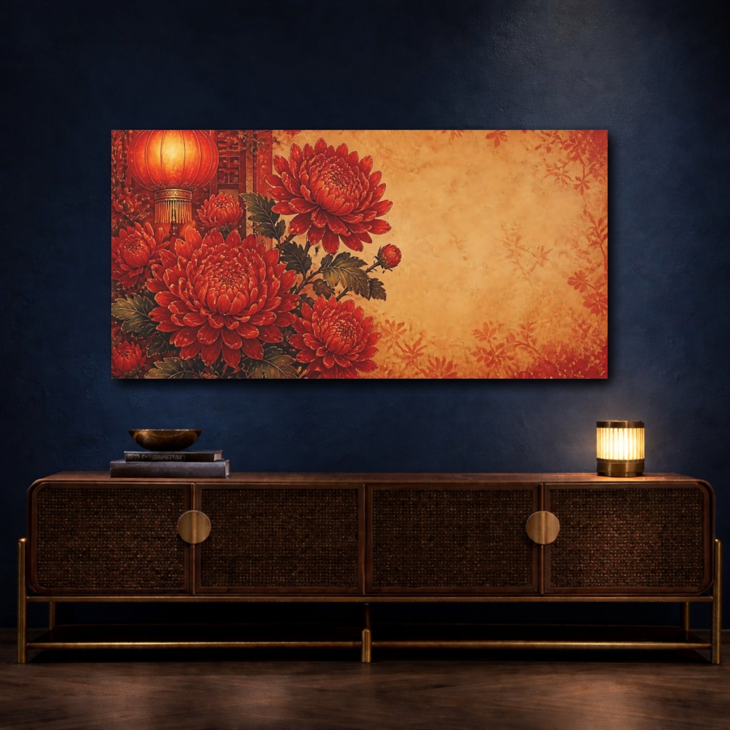 Mockup 4. Lantern & Red Chrysanthemums shown as canvas print