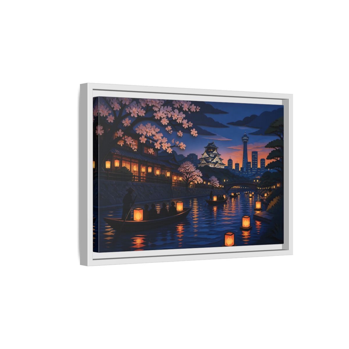 Side Mockup 4. Lantern Boats At Dusk shown as framed canvas print