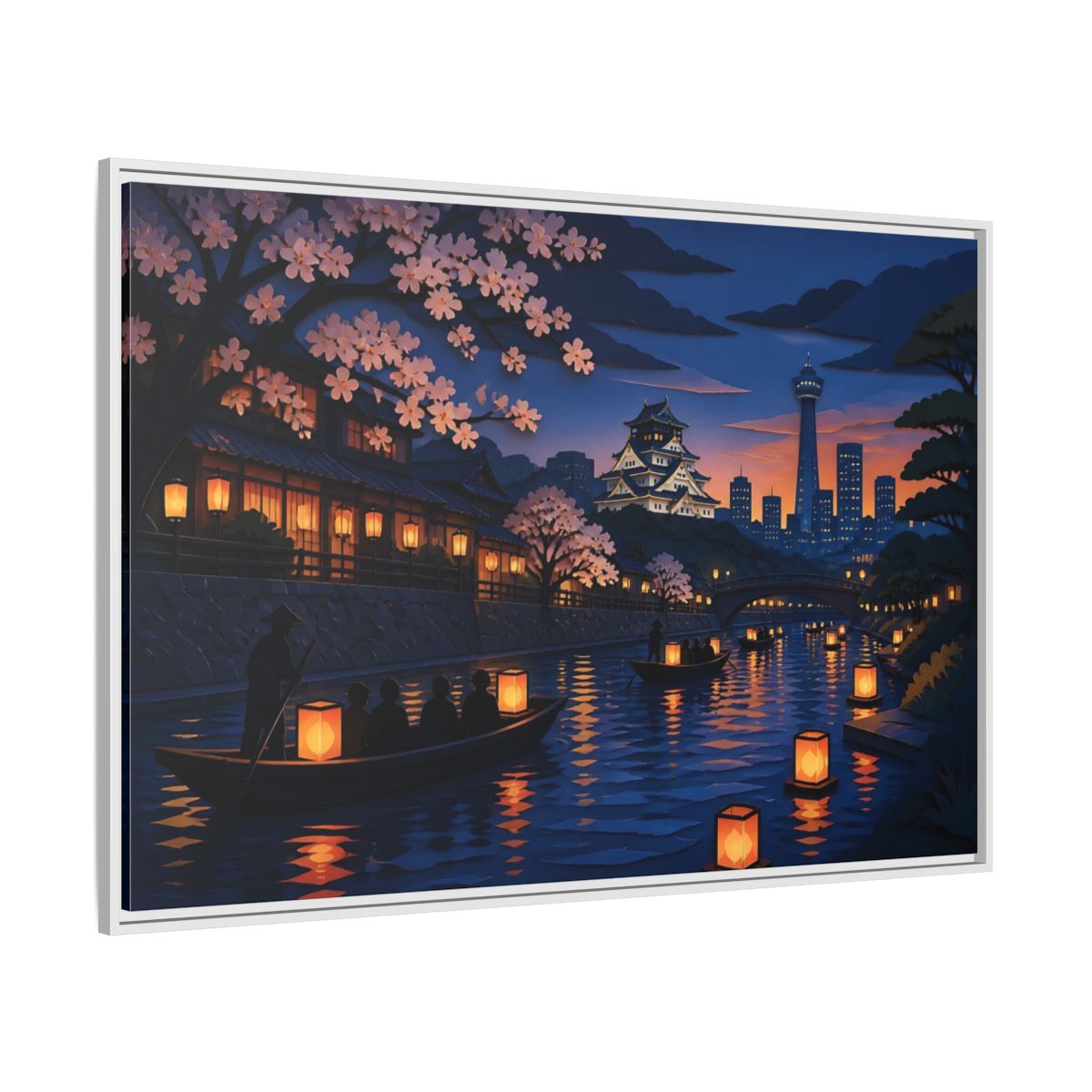 Side Mockup 7. Lantern Boats At Dusk shown as framed canvas print