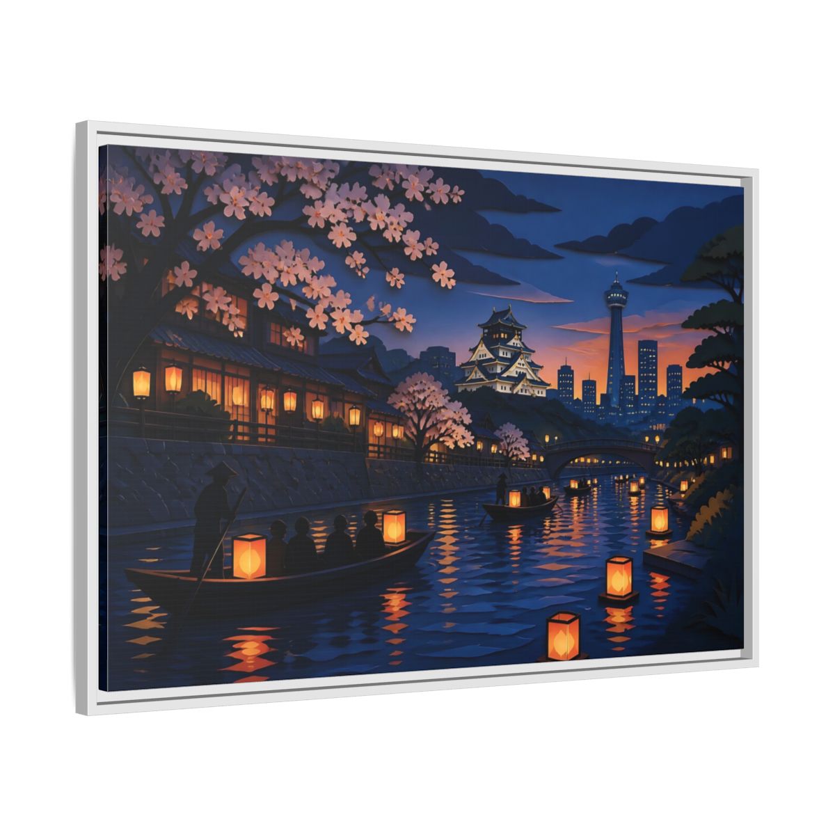 Side Mockup 9. Lantern Boats At Dusk shown as framed canvas print