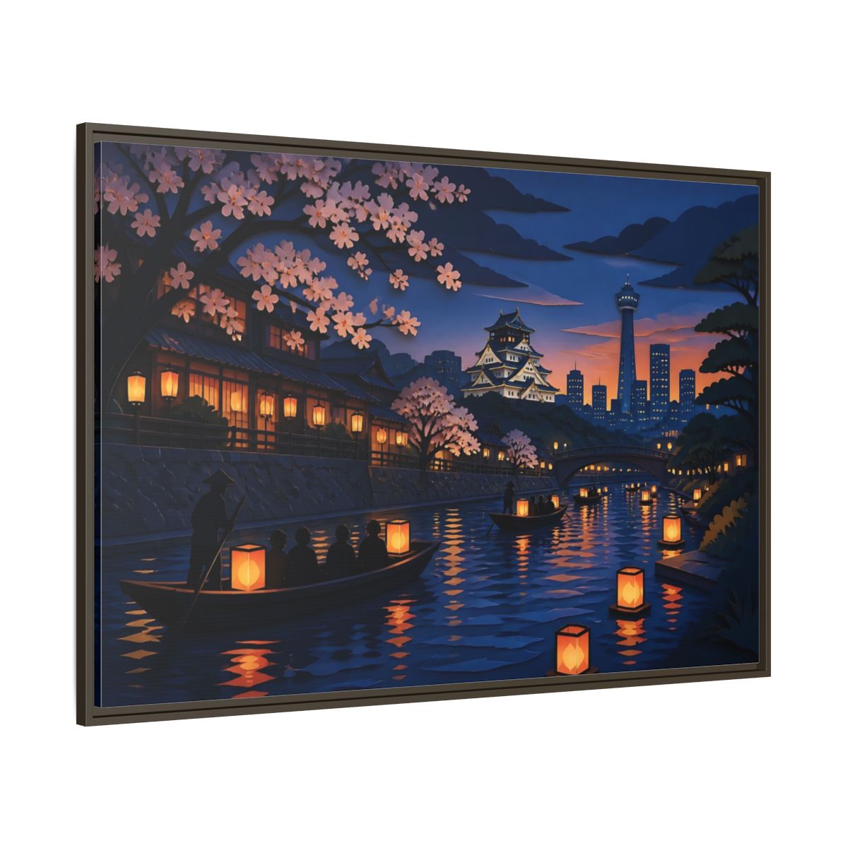Side Mockup 8. Lantern Boats At Dusk shown as framed canvas print