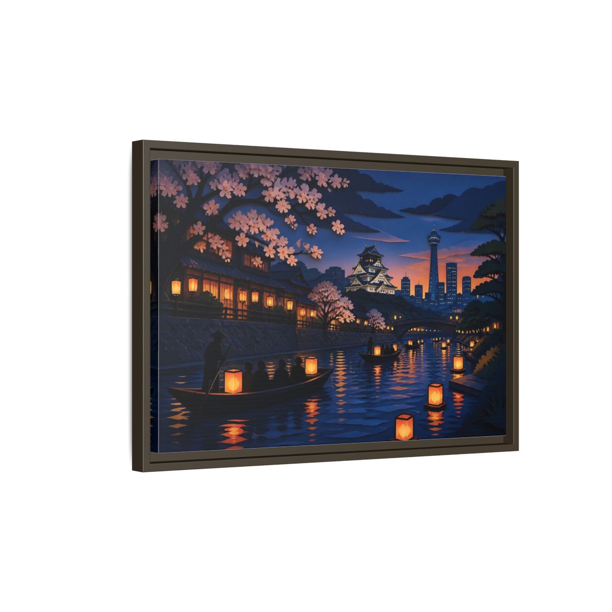 Side Mockup 2. Lantern Boats At Dusk shown as framed canvas print