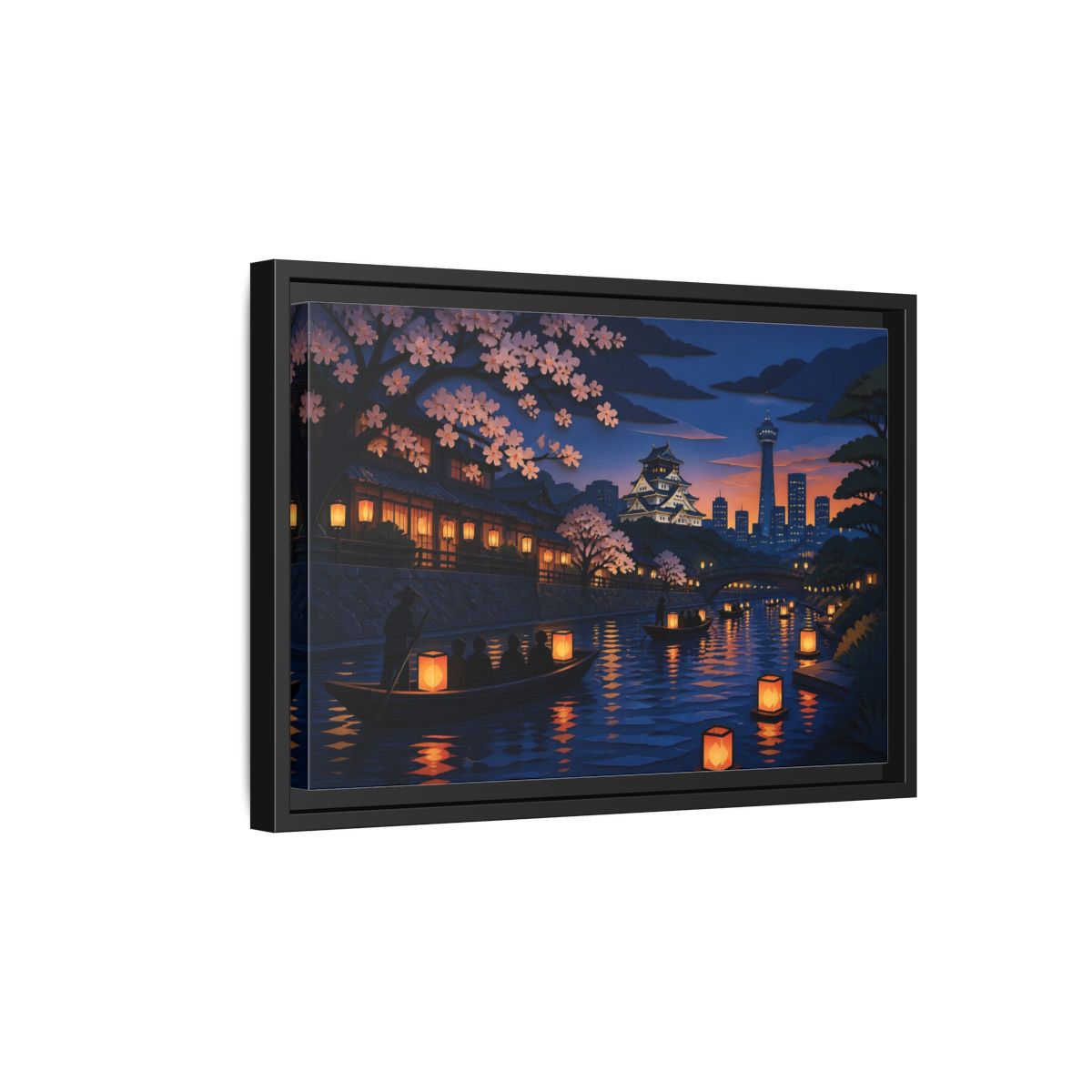 Side Mockup 6. Lantern Boats At Dusk shown as framed canvas print